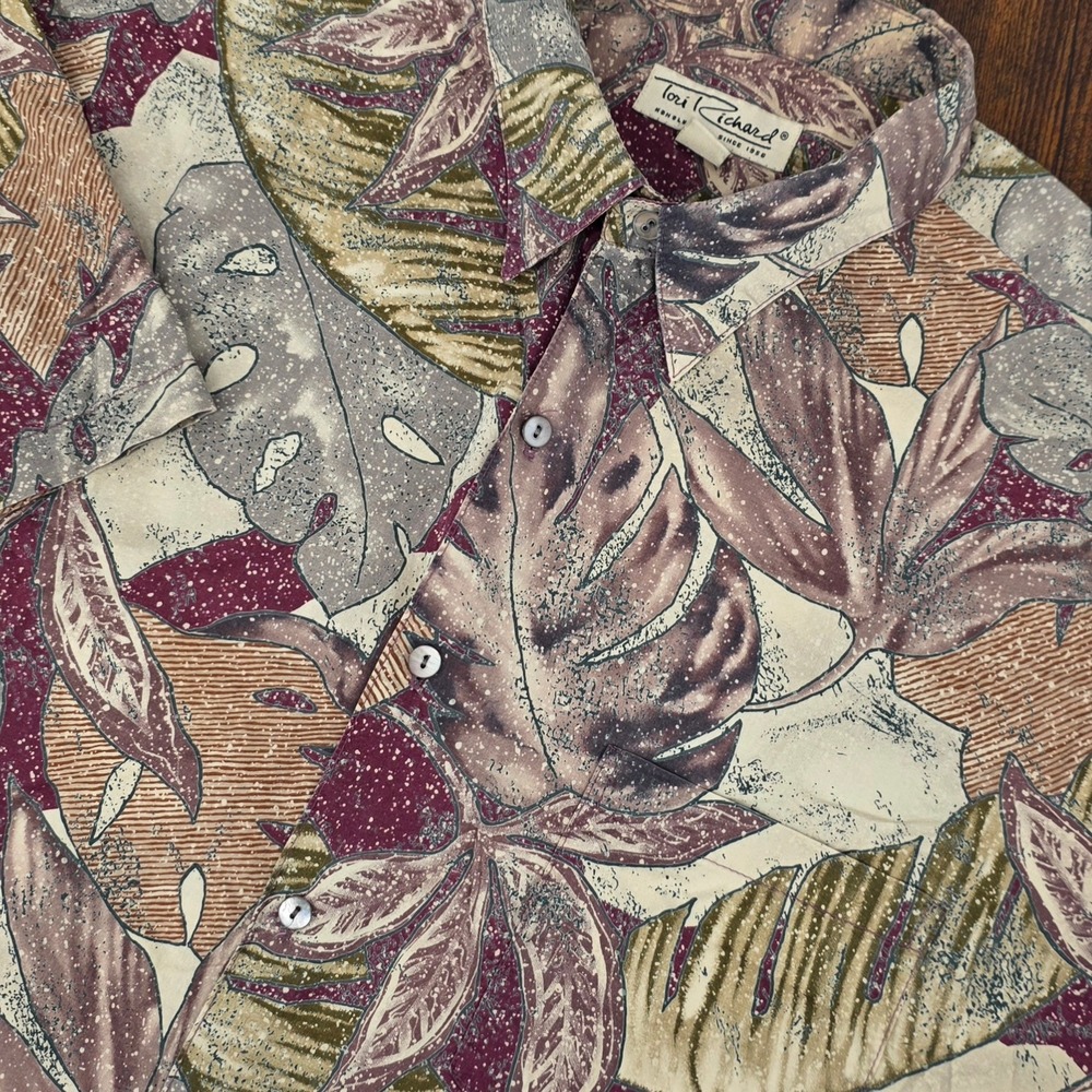 Tori Richard Cotton Lawn Tropical‎ Leaf Shirt Mens XL Burgundy Tan Short Sleeve